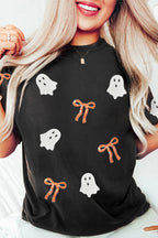 Black Sequin Bow Ghost Patched Halloween Graphic Tee