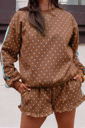 Brown Polka Dot Print Side Stripe Detail Casual Sweatshirt 2pcs Short Set