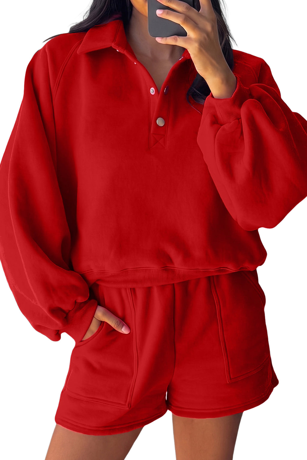 Dark Blue Half Button Puff Sleeve Relaxed Pullover and Shorts 2pcs Outfit