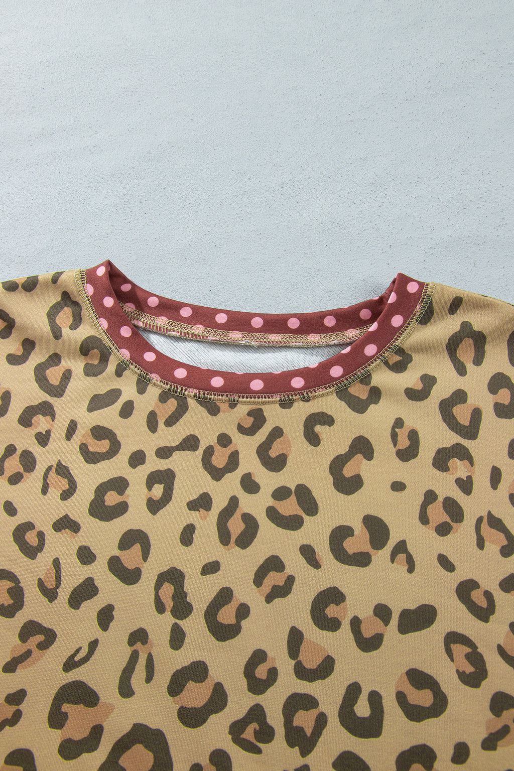 Khaki Plus Size Leopard Print Contrast Polka Dot Trim Long Sleeve Top