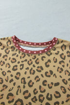 Khaki Plus Size Leopard Print Contrast Polka Dot Trim Long Sleeve Top