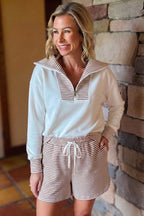 Khaki Stripe Color Block Patchwork Long Sleeve Top Drawstring Shorts Set