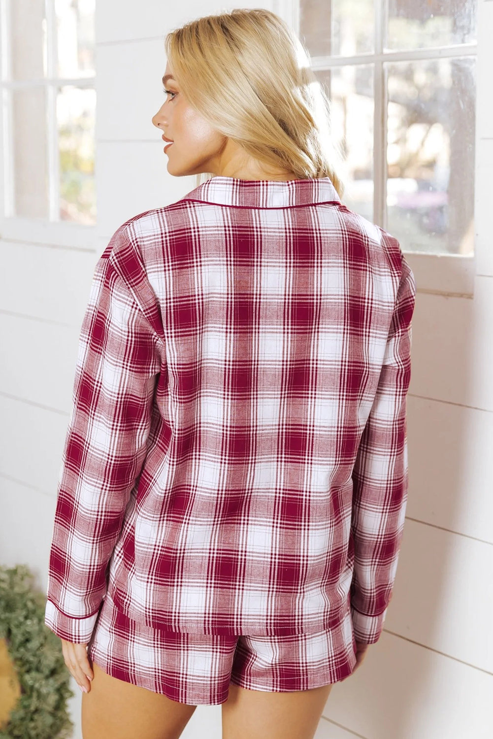 Red Retro Plaid Long Sleeve Shirt Drawstring Shorts 2pcs Lounge Set