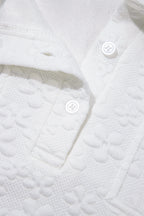 White Solid Color Textured Relaxed Button Collar Pullover Sweatshirt