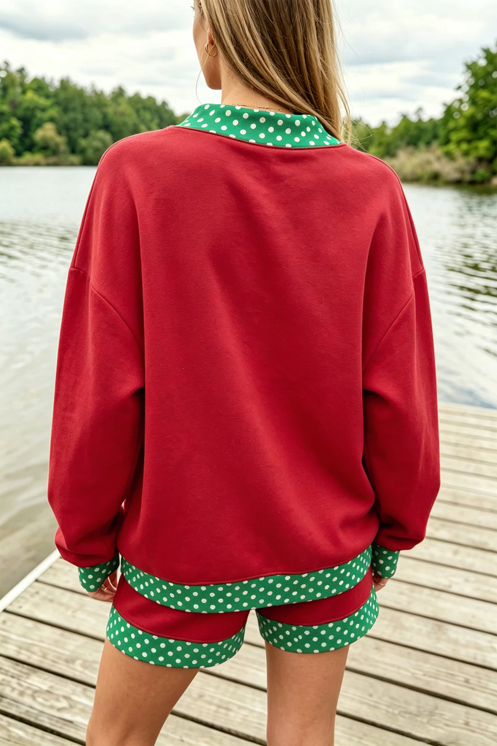 Evergreen Polka Dot Trim Baggy Pullover 2pcs Short Set