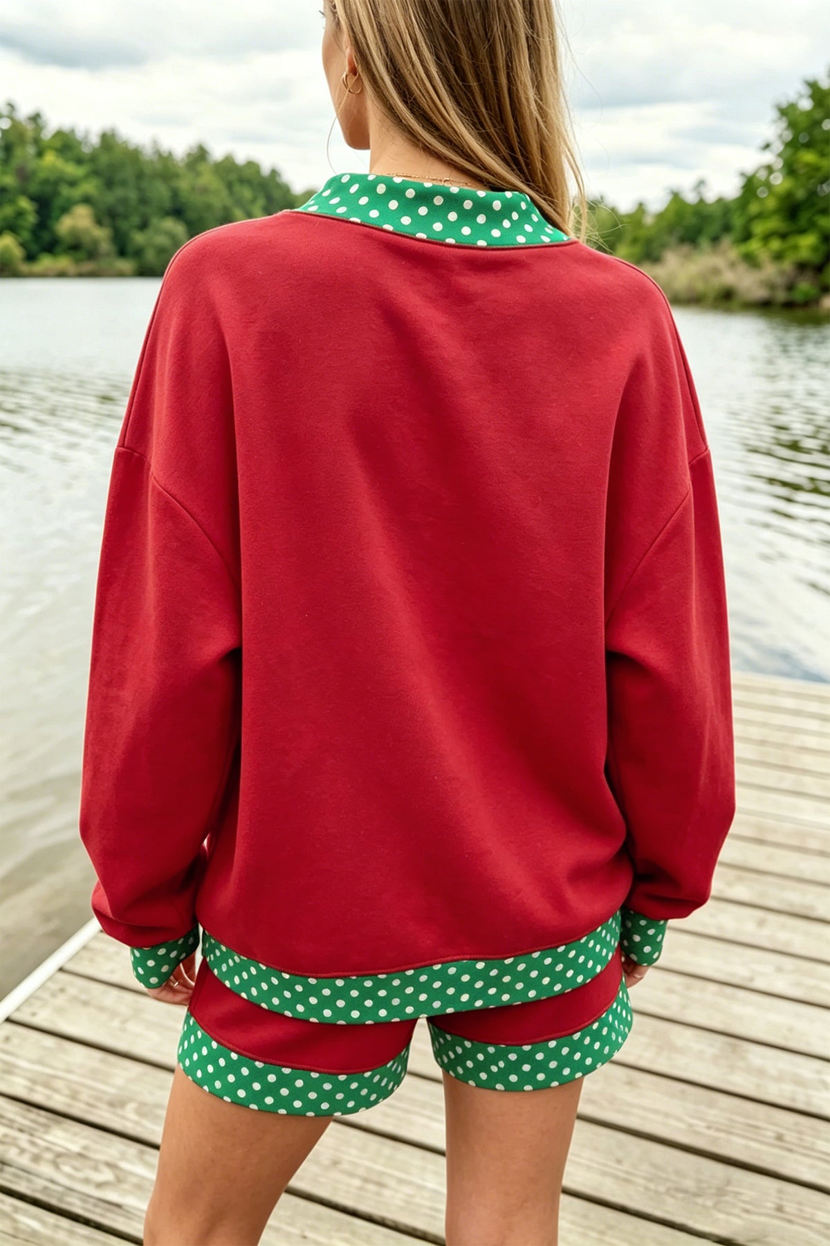 Evergreen Polka Dot Trim Baggy Pullover 2pcs Short Set