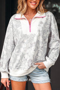 Gray Floral Print Quarter Zip Stand Neck Long Sleeve Sweatshirt