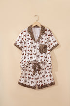 White Chic Bow Cherry Printed Leopard Contrast Patchwork Shirt Drawstring Shorts 2pcs PJ Set