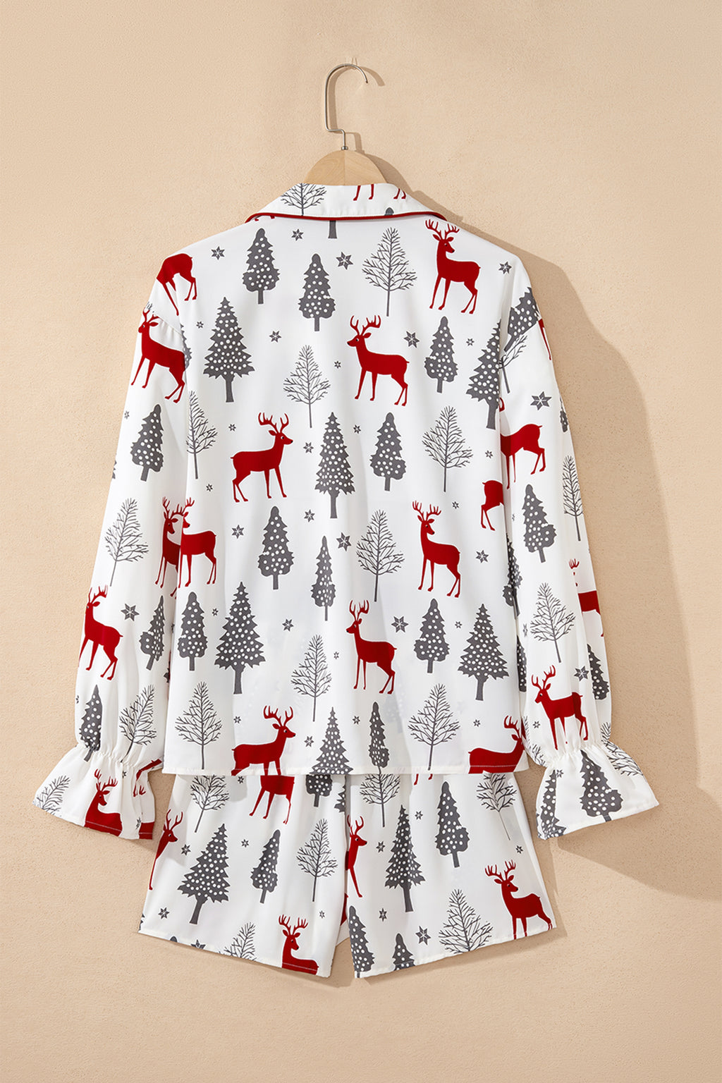 White Christmas Fashion Print Velvet Trim Bow Knot Pajama 2pcs Short Set