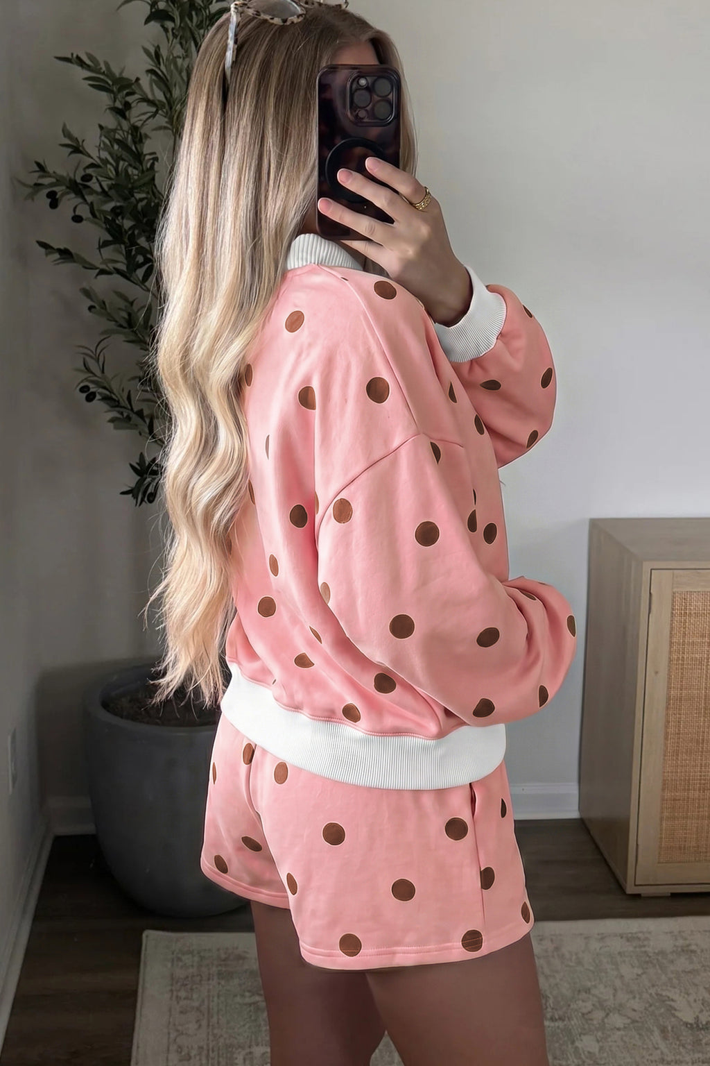 Yellow Polka Dot Ribbed Trim Long Sleeve Top Casual Short Set