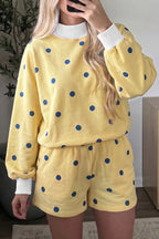 Yellow Polka Dot Ribbed Trim Long Sleeve Top Casual Short Set