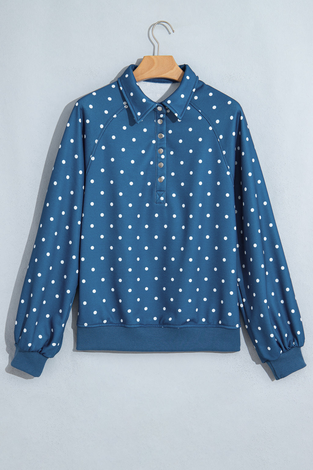 White Polka Dot Print Metal Button Collar Casual Pullover Sweatshirt