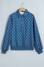 White Polka Dot Print Metal Button Collar Casual Pullover Sweatshirt