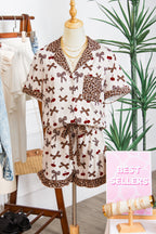 White Chic Bow Cherry Printed Leopard Contrast Patchwork Shirt Drawstring Shorts 2pcs PJ Set