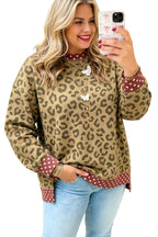 Khaki Plus Size Leopard Print Contrast Polka Dot Trim Long Sleeve Top