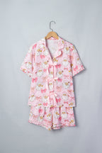 Pink Santa Print Paneling Shift Silhouette Short Sleeve Lounge Set
