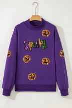 Tillandsia Purple Sequin Pumpkin Spooky Graphic Halloween Pullover Sweatshirt